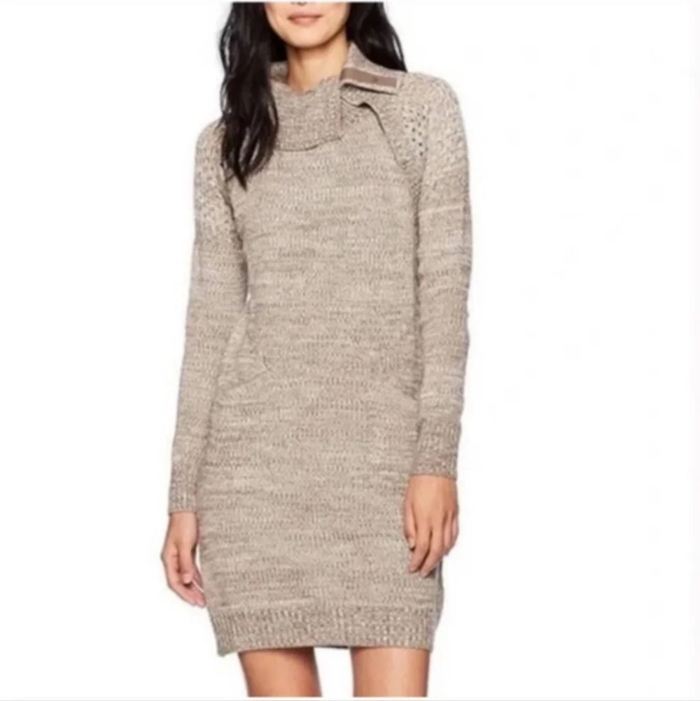 Prana Archer Sweater Dress Brown Women's Size Med Snap Button Turtle Neck